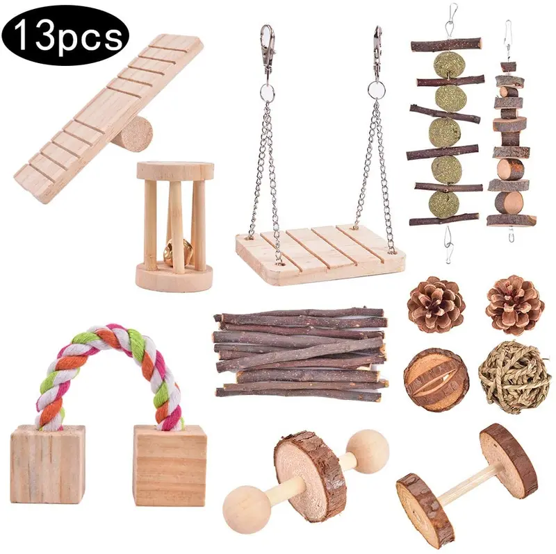 13 Pack Hamster Chew Toys, Natural Wooden Pine Guinea Pigs Rats Chinchillas Toys Accessories Suitable for Rabbits Gerbils Small Pets Accessories Chewing and Playing Exercise Teeth Care Molar Toy