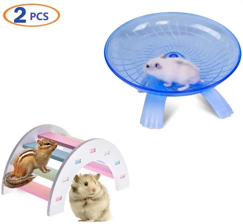 2 Pack Rat Flying Saucer Exercise Wheel & Wood Bridge Rainbow Climb - Durable ABS Plastic Running & Jogging Running Silent Spinner - For Mouse Hedgehog Chinchilla Pets Mice Hamsters Gerbil Cage Toy