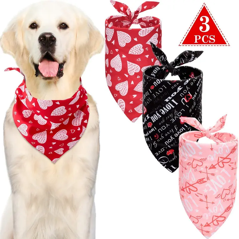 3 Pieces Dog Bandana Heart Dog Bandanas Scarf Washable Pet Scarf Valentine's Day Dog Kerchief for Dogs Cats Pets Festival Accessories, Red Black Pink