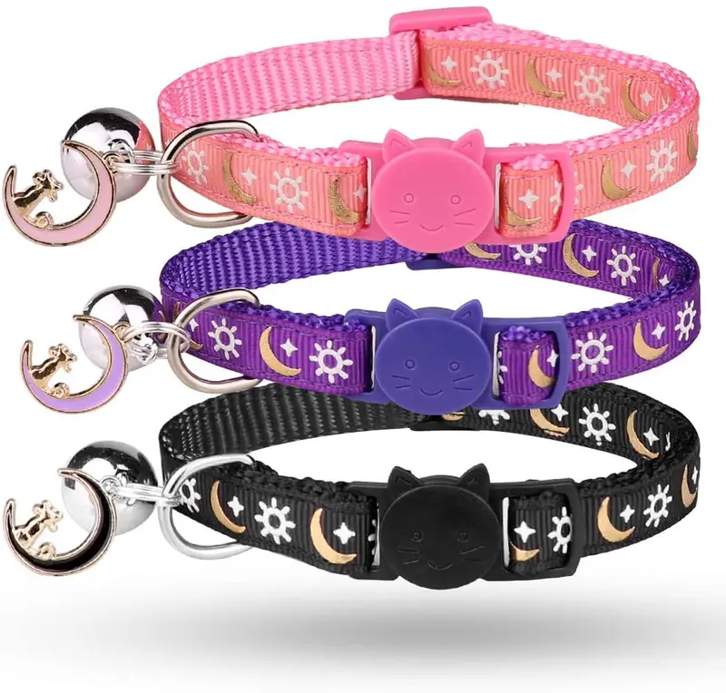 3PCS Breakaway Cat Collars with Bell Golden Moon Glowing Sun and Star in The Dark for Kitten with Pendant