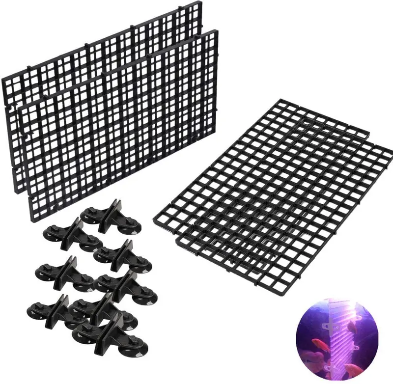 4 bandejas divisoras de plástico para acuario, caja de huevos, difusor de luz, filtro de tanque de peces, aislamiento inferior con 8 clips de ventosa (negro)
