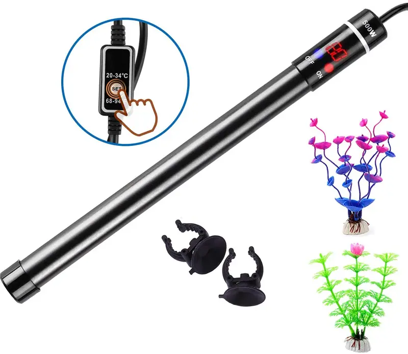 500W Digital Aquarium Heater, Submersible Fish Tank Heater with Readout for Saltwater or Freshwater 60-100-150 Gallon, Thermostat Titanium Safe External Controller, Gift of 2 Artificial Plants