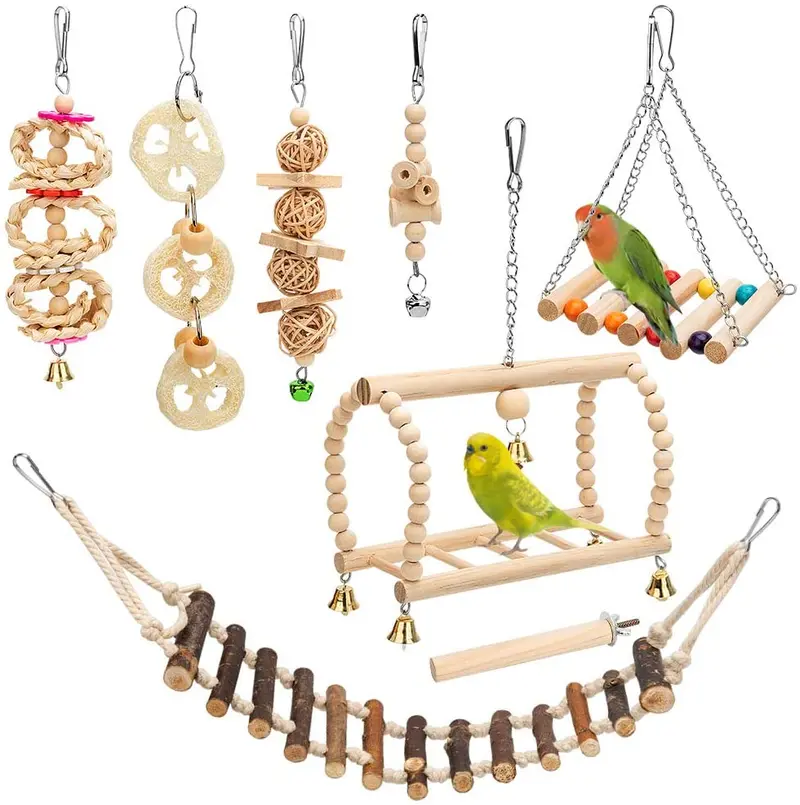 8 Packs Bird Parrot Swing Hanging Toy,Natural Wood Bell Bird Cage Toys for Parrots, Parakeets, Cockatiels, Conures, Finches,Budgie,Parrots, Love Birds, Australian Parrot, Small Birds
