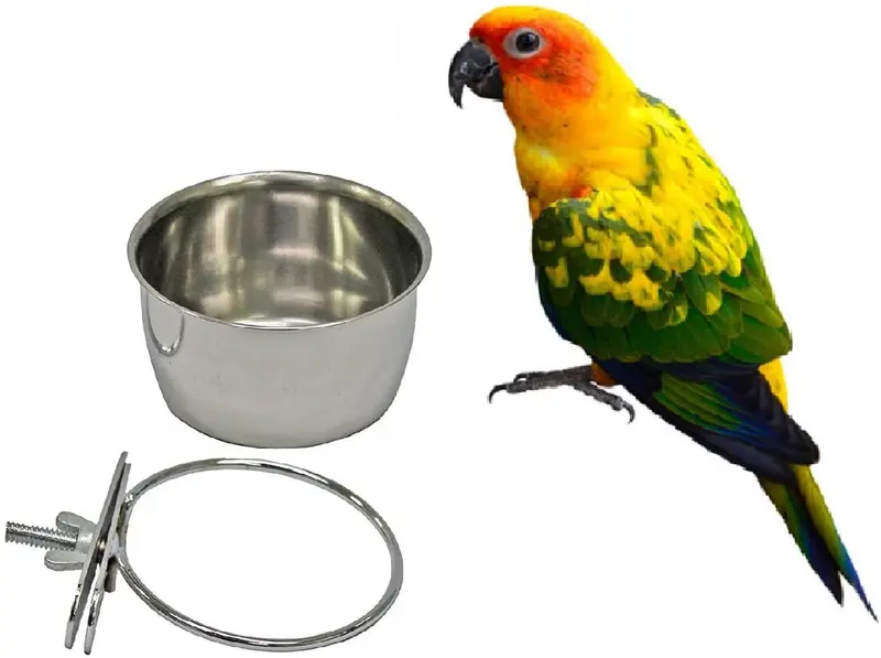 Acero inoxidable de aves Hanging Bol Parrot salientes con Clamp Holder – Soporte Jaula para Pájaros Tazas de agua Alimentación Alimentación Tazón