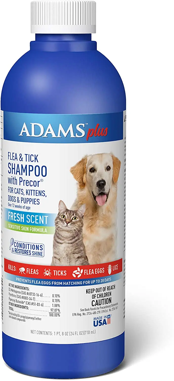 Adams Plus Champú para pulgas y garrapatas con precor, 24 onzas, azul