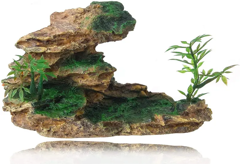 Adorno para acuario de FEDOUR, con piedra de vista de montaña, árbol de musgo, cueva de roca, paisaje, decoración de pecera artificial, con 6 plantas pequeñas
