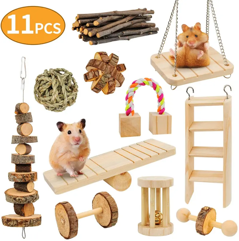 AK KYC Hamster Toys 11 Pack Guinea Pig Wooden Chinchilla Bunny Chews Toys Natural Molar Wooden for Teeth