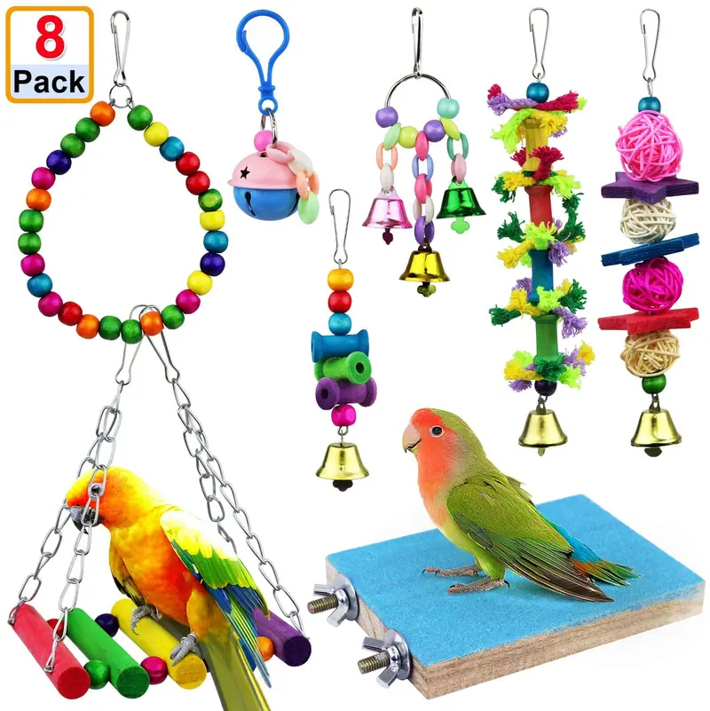 AK KYC - Juego de 8 juguetes para pájaros y loros, para colgar en jaula, para perros, cacatúas, pinzones, loros, pájaros