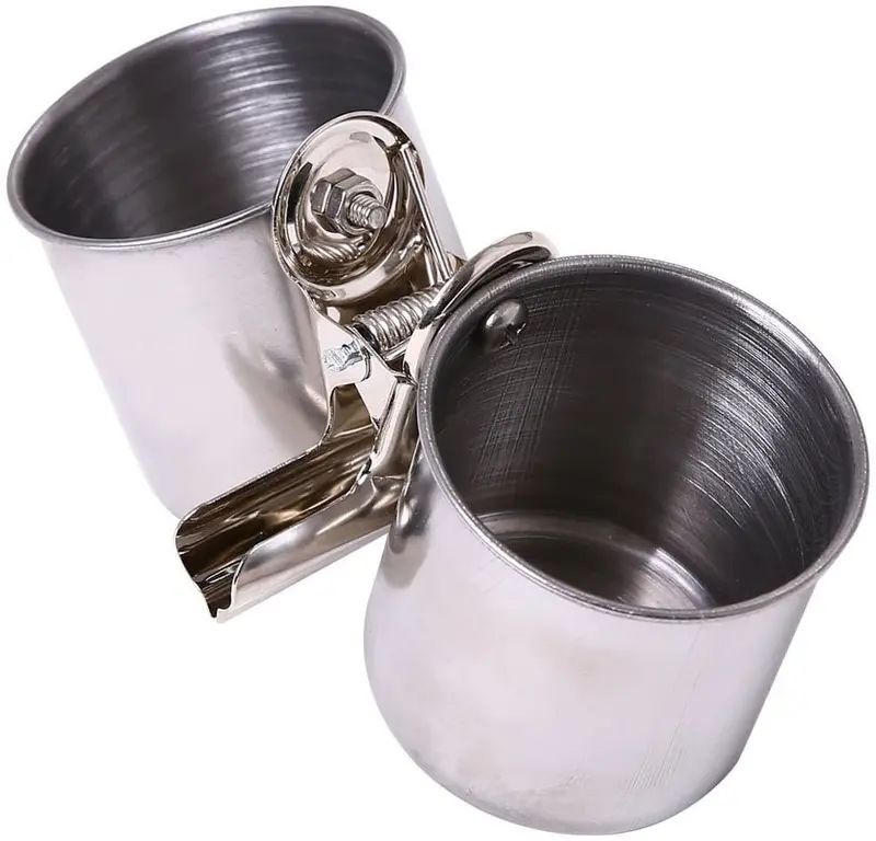 Alimentación loro periquito Cockatiel Jaula de Pájaros de la comida bol de agua mascota gancho para colgar de acero inoxidable Tazón Doble de tazas soporte de Clip para jaula soporte accesorios