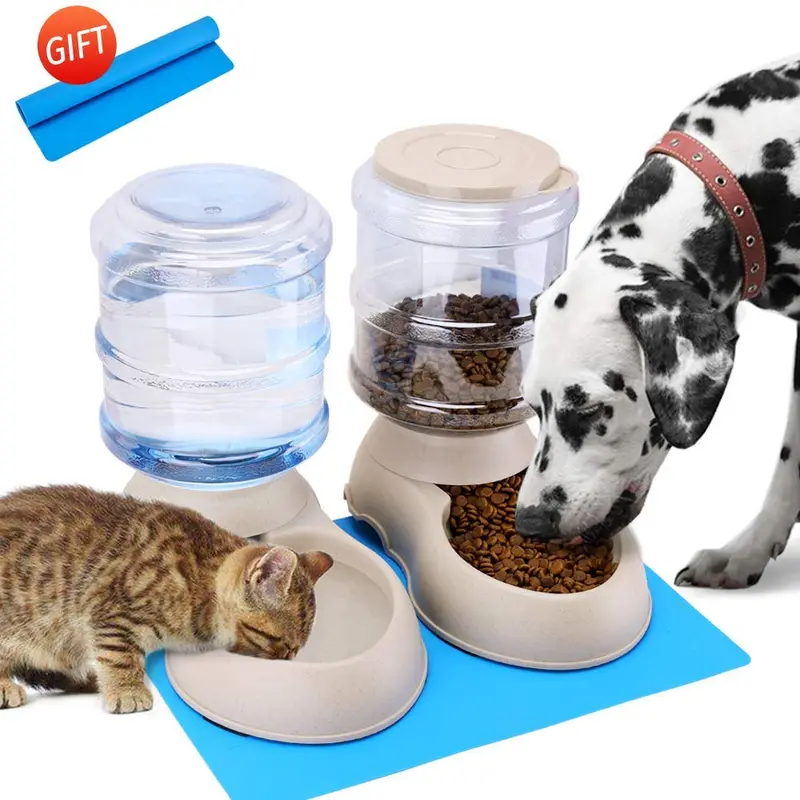 Alimentador automático para gatos y dispensador de agua en juego con alfombrilla de comida para mascotas para perros pequeños, medianos, cachorros, gatitos, gran capacidad, 1 galón x 2