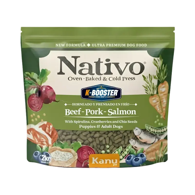 Alimento Horneado Nativo K-booster Carne / Cerdo / Salmón Kanu Pet para Perros Cachorros y Adultos