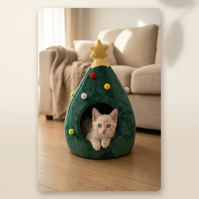 AMIKART Cama Cueva Árbol de Navidad para Gatos y Perros - Semicerrada