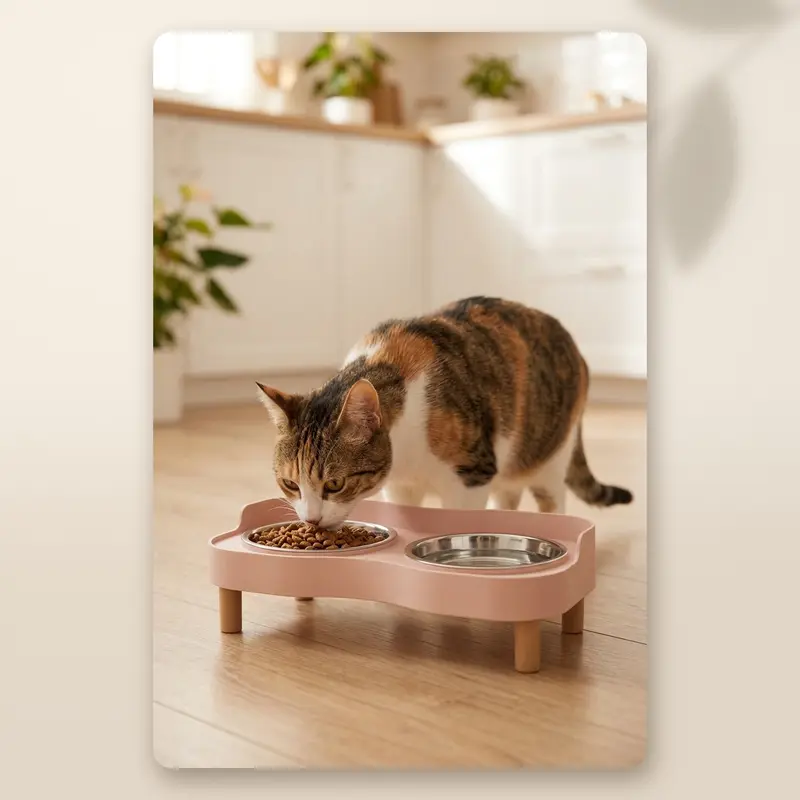 AMIKART Comedero Elevado Doble para Gatos y Perros Pequeños - Cuencos de Acero Inoxidable
