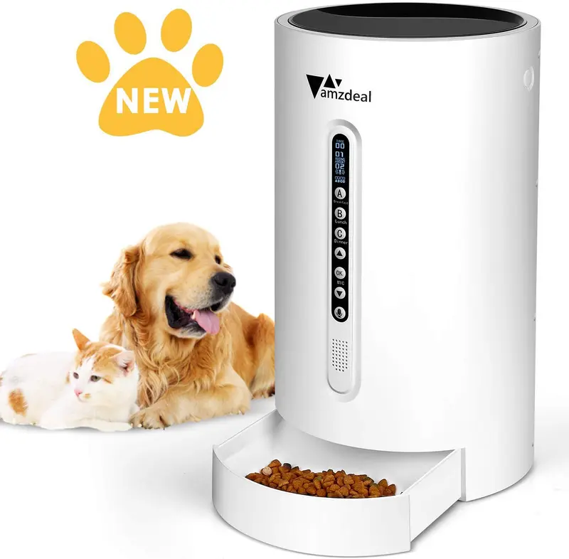 amzdeal - Comedero automático para gatos y perros, dispensador de alimentos para gatos con tamaño y tiempo de comida programable, 4 comidas por día, apto para perros y gatos