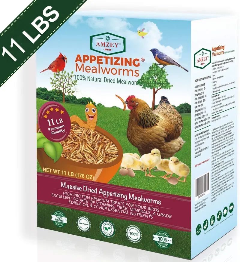 Amzey Dried Mealworms 11 LBS - 100% Natural for Chicken Feed, Bird Food, Fish Food, Turtle Food, Duck Food, Reptile Food, Non-GMO, No Preservatives, High Protein and Nutrition