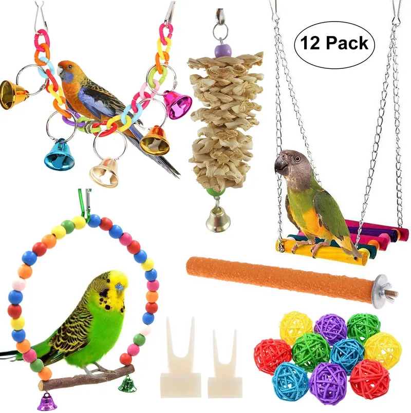 Anteer - 12 paquetes de juguetes para masticar loros y pájaros, para colgar pájaros, jaulas de juguete, apto para pequeños periquitos, cacatúas, conuras, pinzones, guacamayos, loros, pájaros del amor