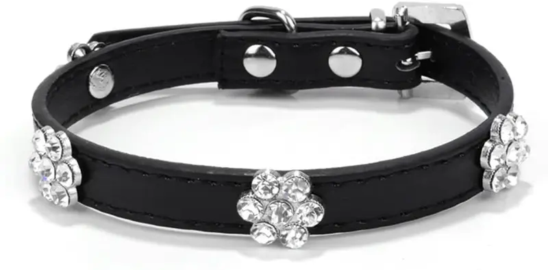 aolove Moda Rhinestones Diamante Flor Ajustable Piel Sintética mascota collares para gatos cachorro perros pequeños