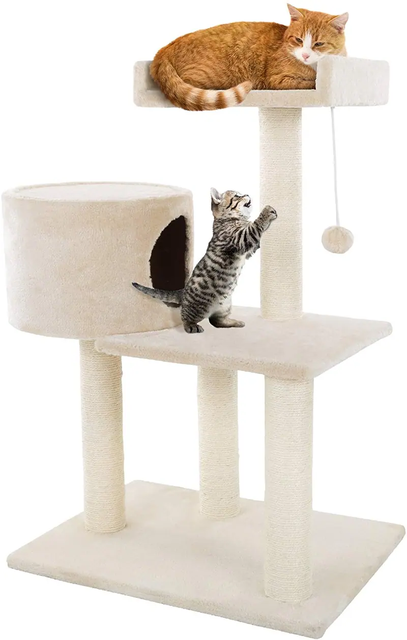 Árbol para gatos de 3 niveles, torre de felpa de varios niveles con postes para arañar, cama estilo perca, condominio de gatos y juguete para colgar para gatos y gatitos de PETMAKER (31")