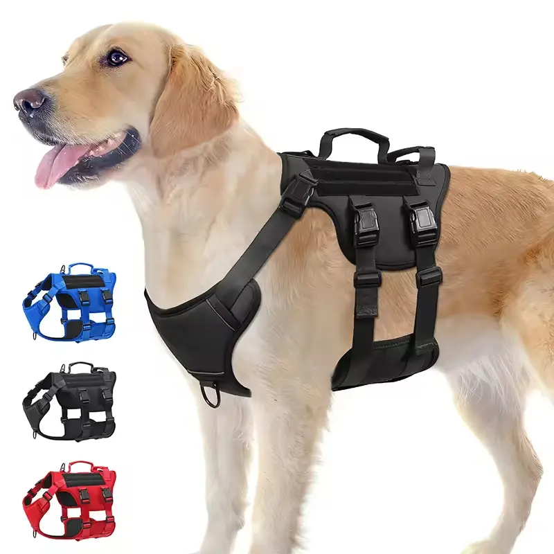 Arnés táctico reflectante de nylon para perros grandes – Ajustable, sin tirón y con doble asa