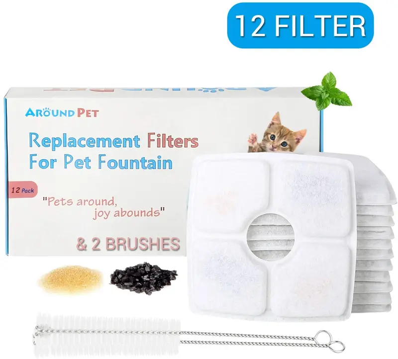 Around Pet Filtro de repuesto para fuente de gato, 12 paquetes con 2 cepillos de limpieza