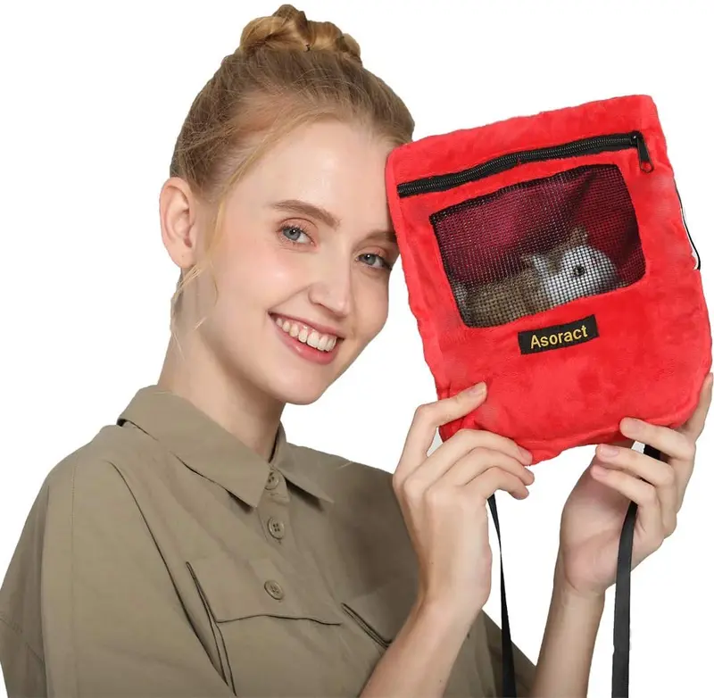 Asoract Hedgehog Carrier Pouch, Newly Designed Sugar Glider Bonding Pouch Super Soft Coral Fleece Portable Small Animal Travel Carrier with Adjustable Shoulder Strap Breathable Mesh for Sugar Gliders