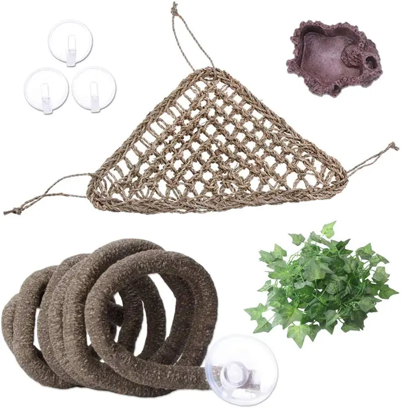 AUBBC Bearded Dragon Hammock, 100% Natural Seagrass Triangular Lizard Lounger with Jungle Climber Vines Reptile Leaves Hooks Feeding Dish for Geckos, Anoles, Snakes and More (12.5 x16.5 Inch)