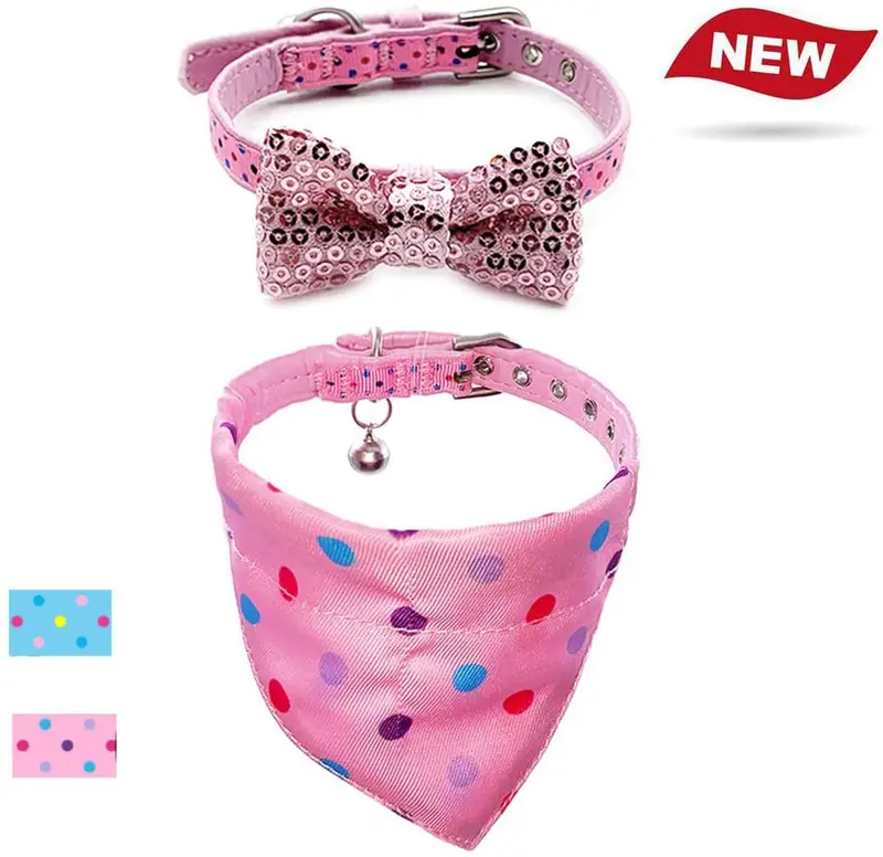 Azuza - Collares para gato pequeño con campanas extraíbles, 2 unidades de collares de piel sintética con pajarita y bandana