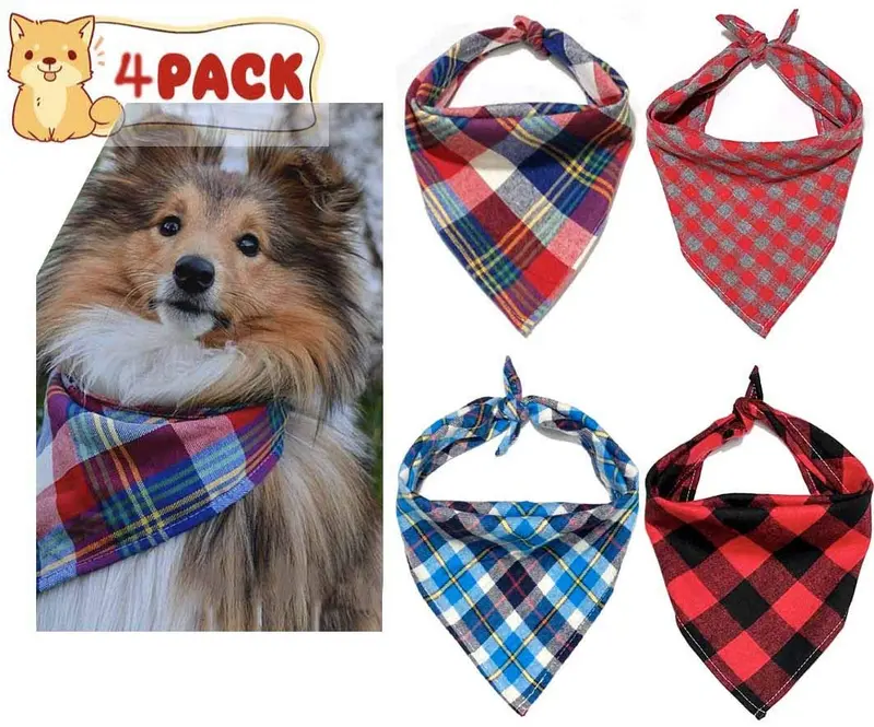 Bandana para perro, 4 unidades, lavable, reversible, a cuadros, para perros y gatos