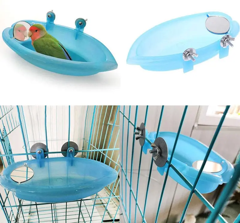 Baño de pájaros con espejo juguete para mascotas pequeño loro mediano parakeet cockatiel conure Budgie Lovebird Finch Canaria Gris Cockatoo Amazon Jaula Ducha Bañera Alimentador de Alimentos