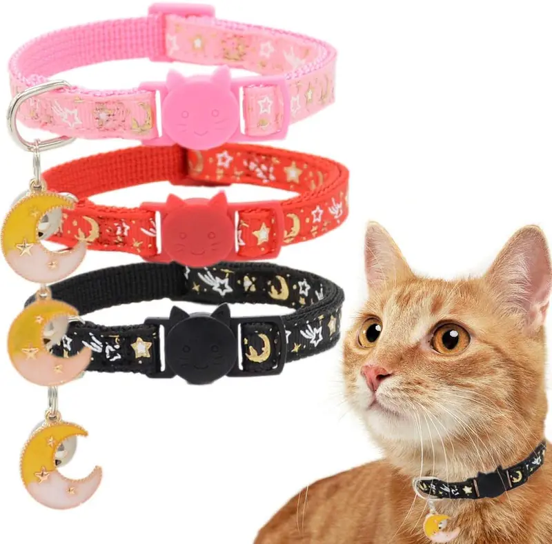 Barleygoo - 3 collares de gato con campanas de luna dorada y estrellas, ajustable de seguridad para cachorros que brillan en la oscuridad con colgante