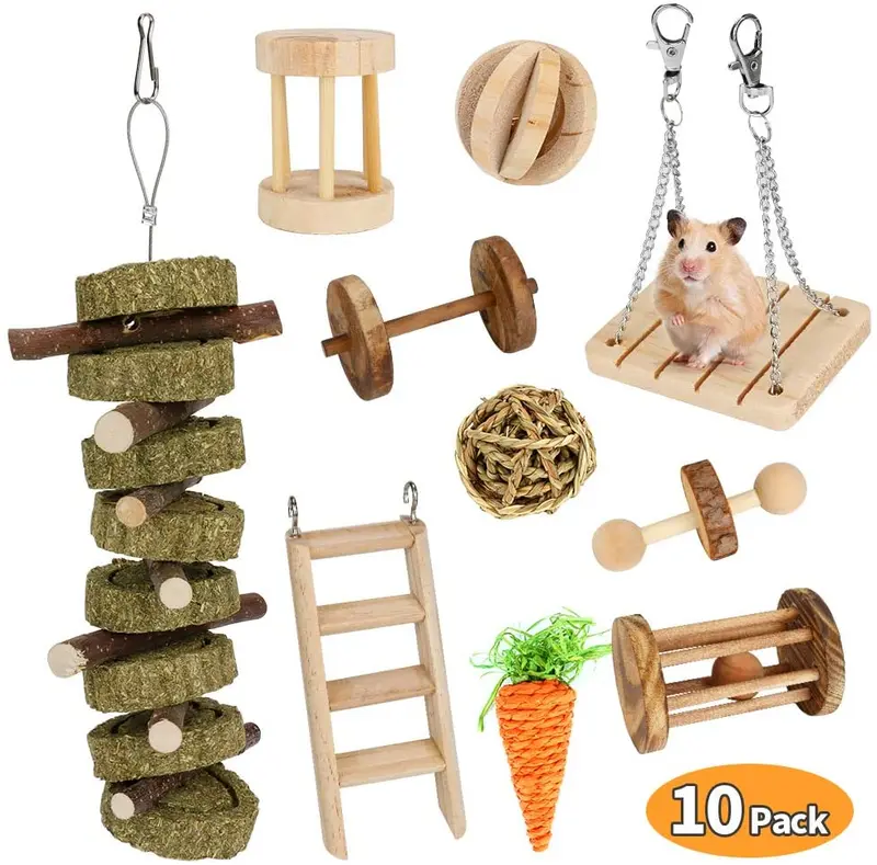 BicycleStore Hamster Chew Toys, 10 Pcs Guinea Pig Toys Natural Wooden Rat Bunny Rabbit Chew Toys Accessories Dumbbells Exercise Bell Roller Teeth Care Chew Molar Toy for Gerbils, Chinchilla