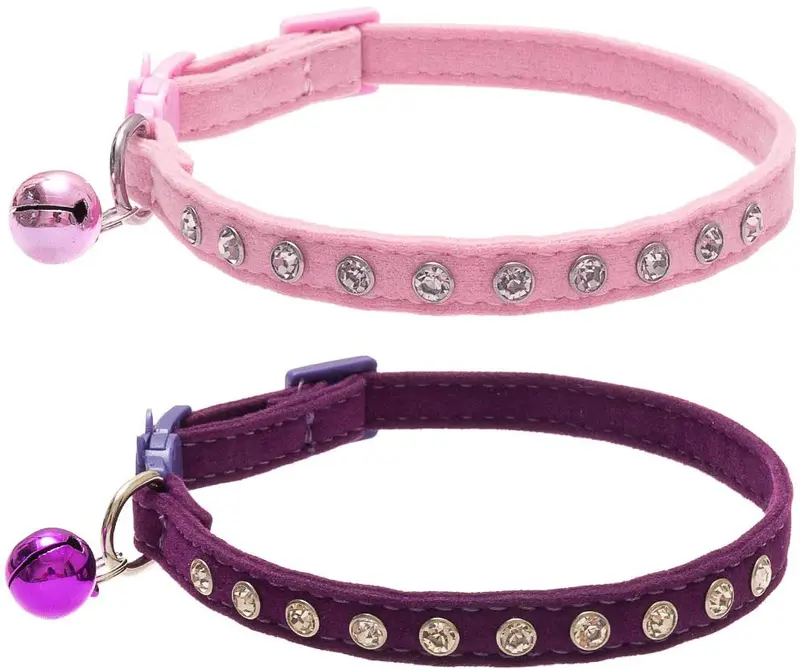 BINGPET Collar de gato con campanas Breakaway, suave terciopelo seguro, collares ajustables con diamante brillante, rosa y morado, 2 unidades