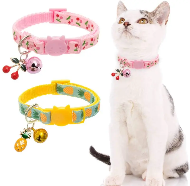 BINGPET - Collar para gato con campana, 2 collares de seguridad ajustables para gato, piña y cereza
