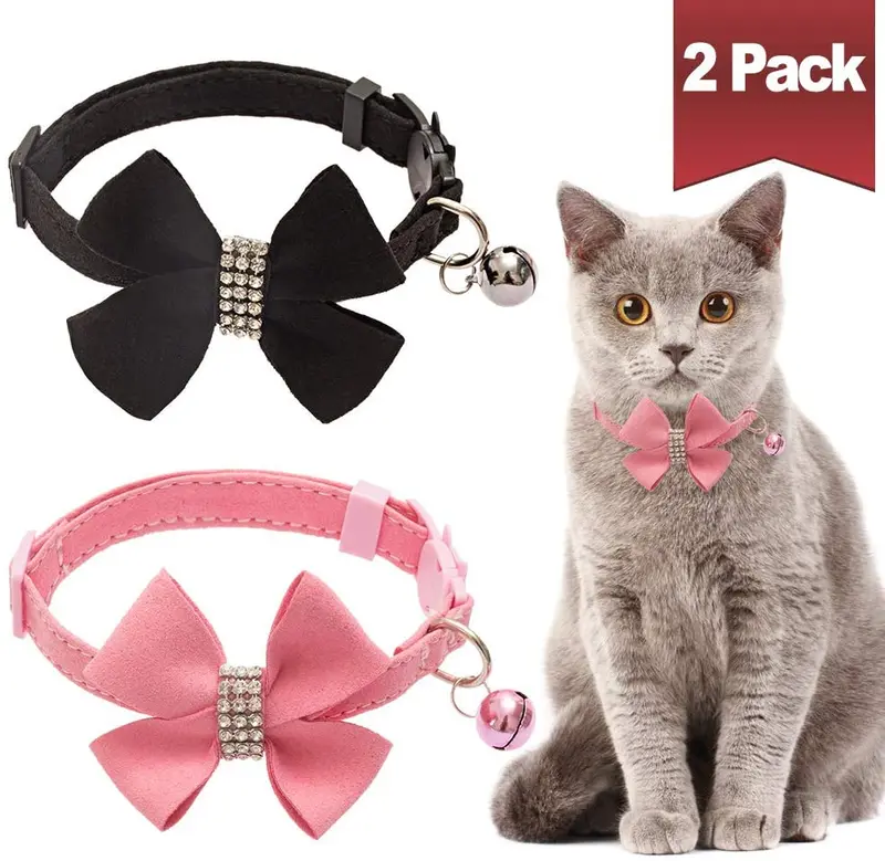 BINGPET Collar para gato con pajarita de campana, hebilla de seguridad ajustable, diamante de imitación de terciopelo, 2 unidades, rosa y negro