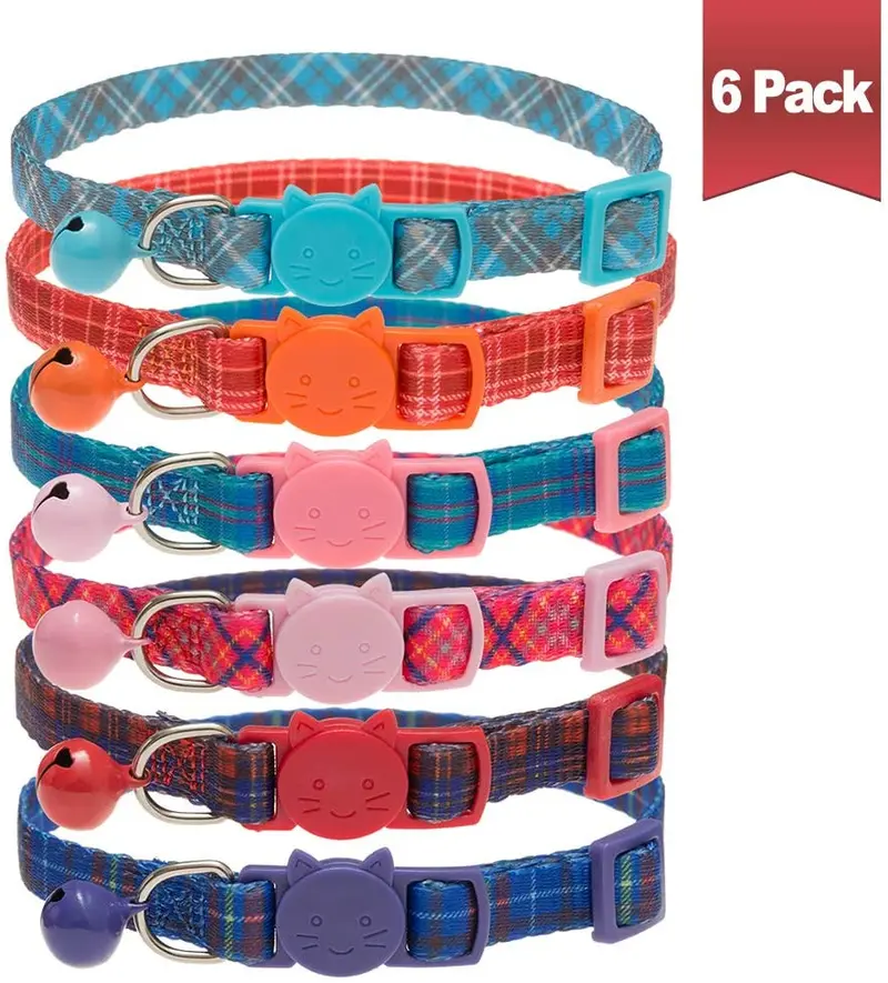BINGPET - Collares de gato con campana, colores variados, patrones cuadrados, ajustables, paquete de 6 unidades