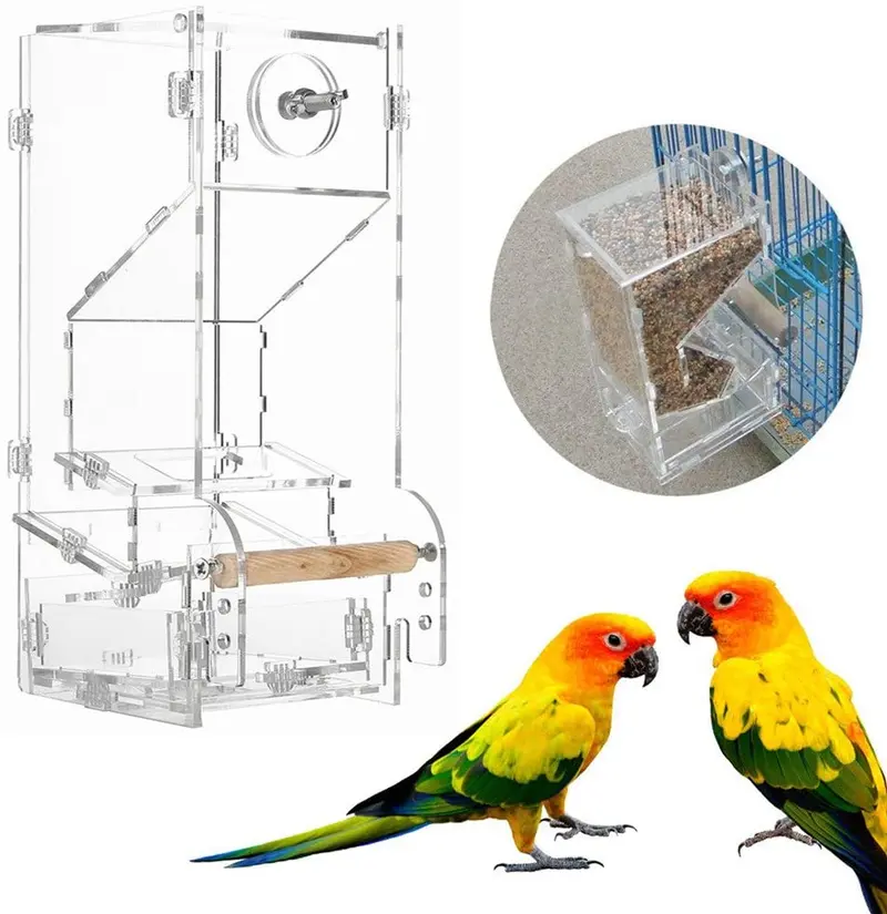 Bird Food Feeder, ventana de acrílico PET Pájaros semillas Food Feeder Jaula Juguete Tidy transparente