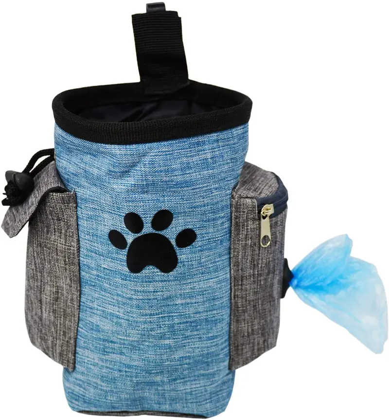 Bolsa de regalo para perros, bolsa de regalo para perros pequeños a grandes, fácil de transportar juguetes para mascotas, kibble, golosinas, dispensador integrado de bolsas de caca – azul