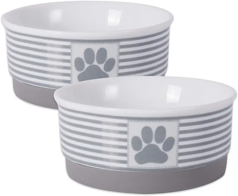 Bone Dry DII Paw Patch & Stripes Ceramic Pet Bowl for Food & Water with Non-Skid Silicone Rim for Dogs and Cats