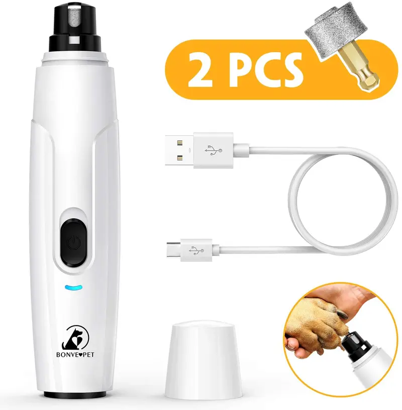 Bonve Pet - Molinillo de uñas eléctrico inalámbrico de 2 velocidades para gatos, recargable, cortadora de uñas de bajo ruido, sin dolor, para perros y gatos pequeños y medianos, grandes