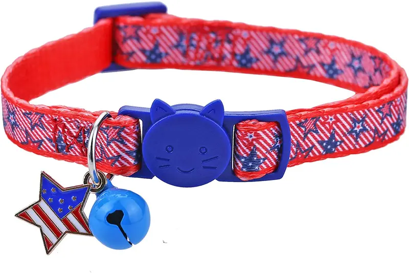 BoomBone Collar de gato patriótico con colgante de campana y bandera americana, collares para cachorros pequeños