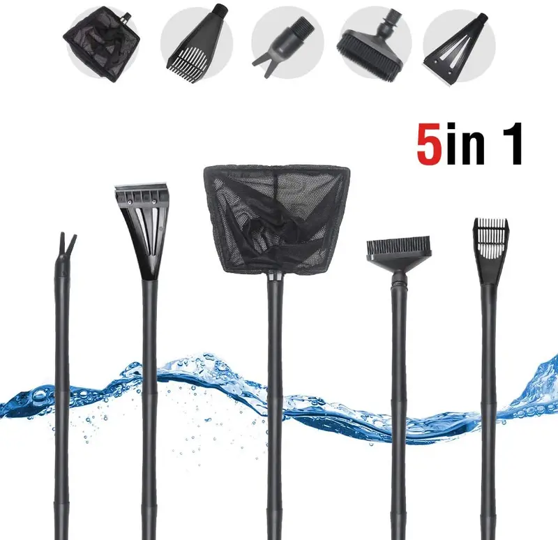 boxtech Fish Tank Clean 5 in 1 Tool Kit, Aluminum Magnesium Alloy Scraper Cleaner, Fishing Net Water Grass Clip Brush Sand Rake Stainless Steel Blade Suit for 10-120 Gal Fish Tank