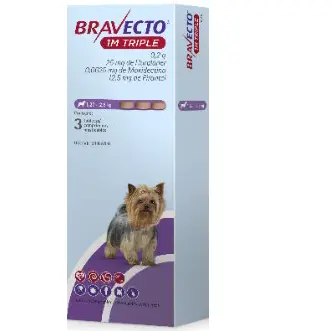 Bravecto 1 M TRIPLE XS 25 mg 3 Tabletas (1.27 a 2.5 kg) Control de parásitos internos y externos