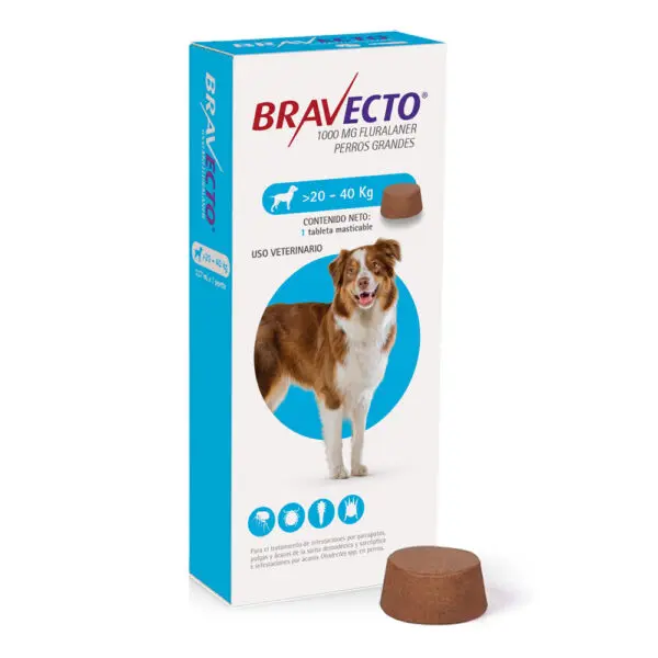 Bravecto G 1000 mg 20 - 40 kg Comprimido Masticable para control de Pulgas y Garrapatas