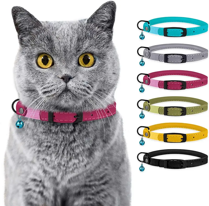 Bronzedog - Collar de piel para gato, con cascabel, color negro, azul, rosa, verde, amarillo y gris