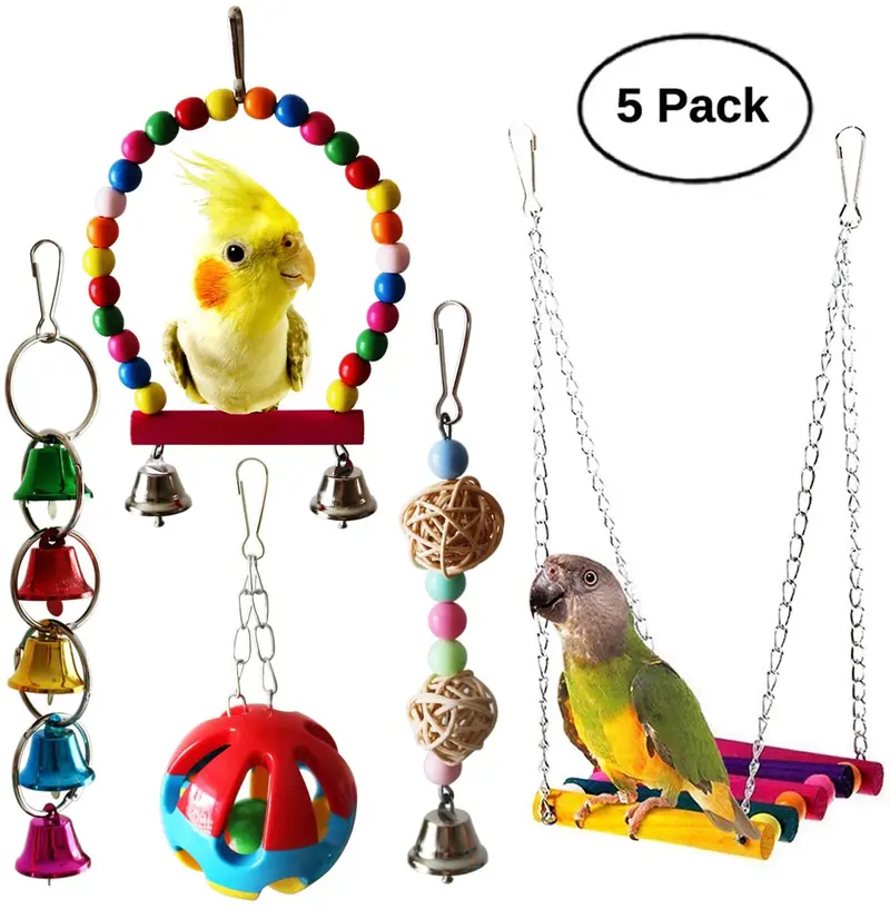 BWOGUE - 5 piezas de juguetes colgantes para pájaros, jaula para pájaros, hamaca, columpio, juguete colgante para pequeños periquitos, cacatúas, conures, macaws, loros, pájaros de amor, pinzones.