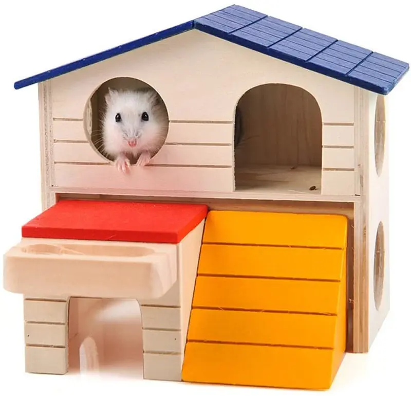 BWOGUE - Caseta de hámster de dos capas de madera para mascotas, juguete para masticar