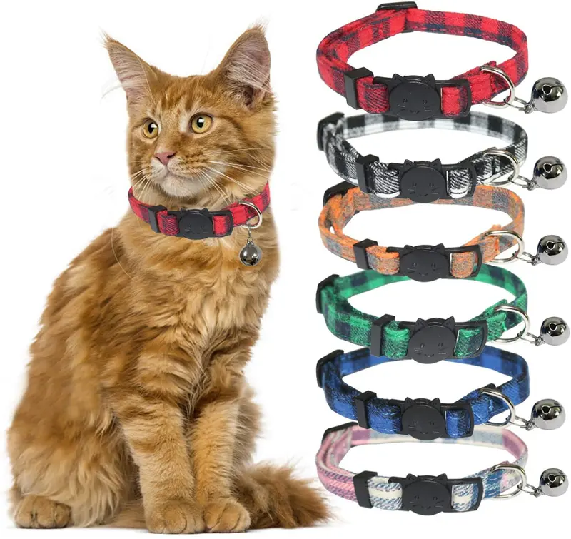 BWOGUE Collar para gato con campana – 6 paquetes de colores clásicos a cuadros, collares de seguridad ajustables para cachorro de gatito