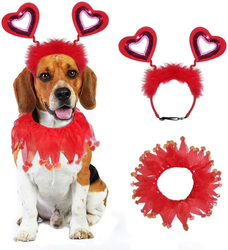BWOGUE Valentine's Day Dog Costume Red Love Hearts Dog Headband with Collar Holiday Birthday Party Headwear Costume Gift for Small Medium Dogs