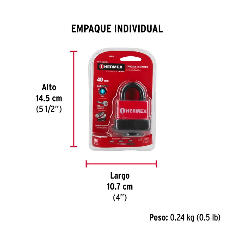CANDADO RECUBIERTO PLASTICO 40MM 43367