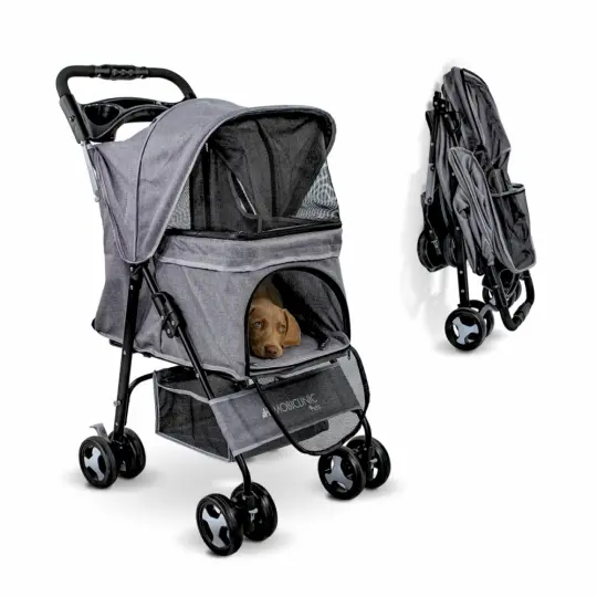 Carrito para perros | Plegable | Ruedas con freno y 360º | 3 accesos | Con toldo | Cesta almacenaje y portavasos | Gris | Zuma | Mobiclinic